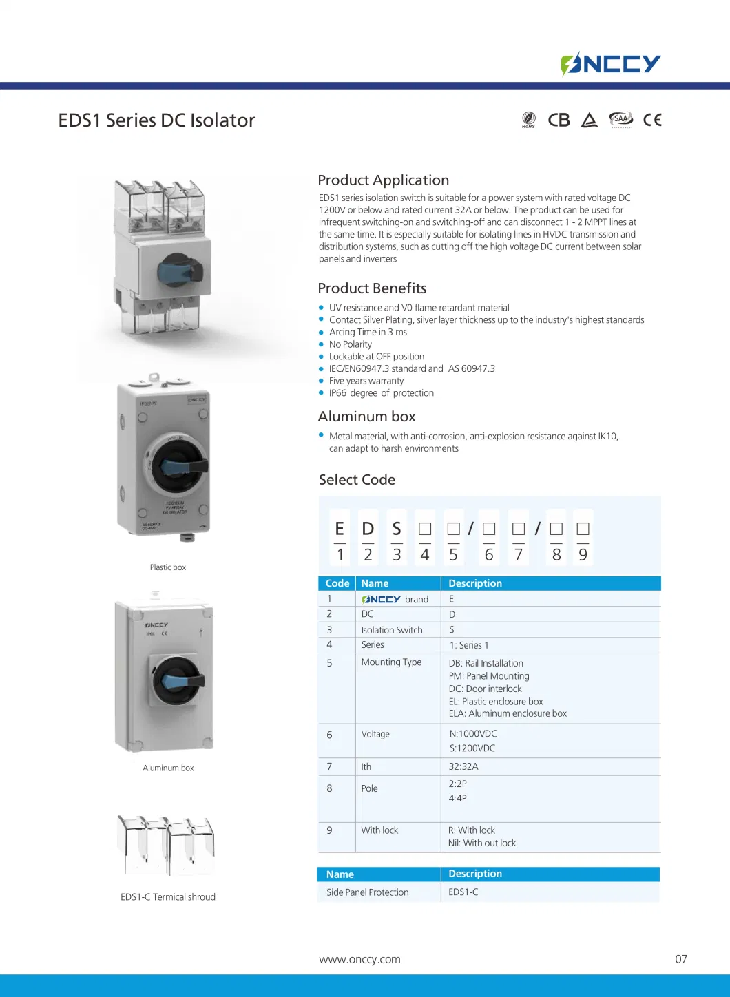 1000V 1500V PV Protection Enclosure Solar DC Isolator Switch